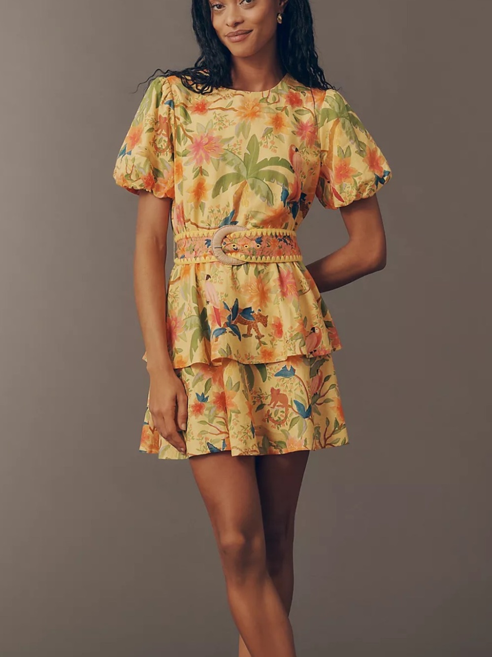Farm Rio x Anthropologie Belted Tiered Mini Dress